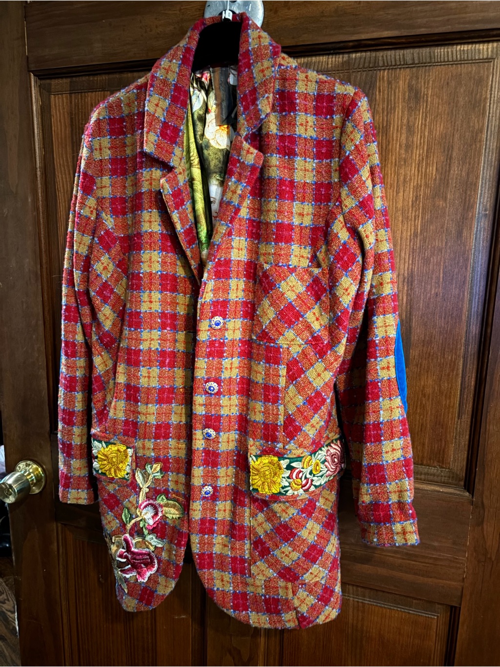 Embroidered Plaid Wool Blend Jacket - Red & Mustard